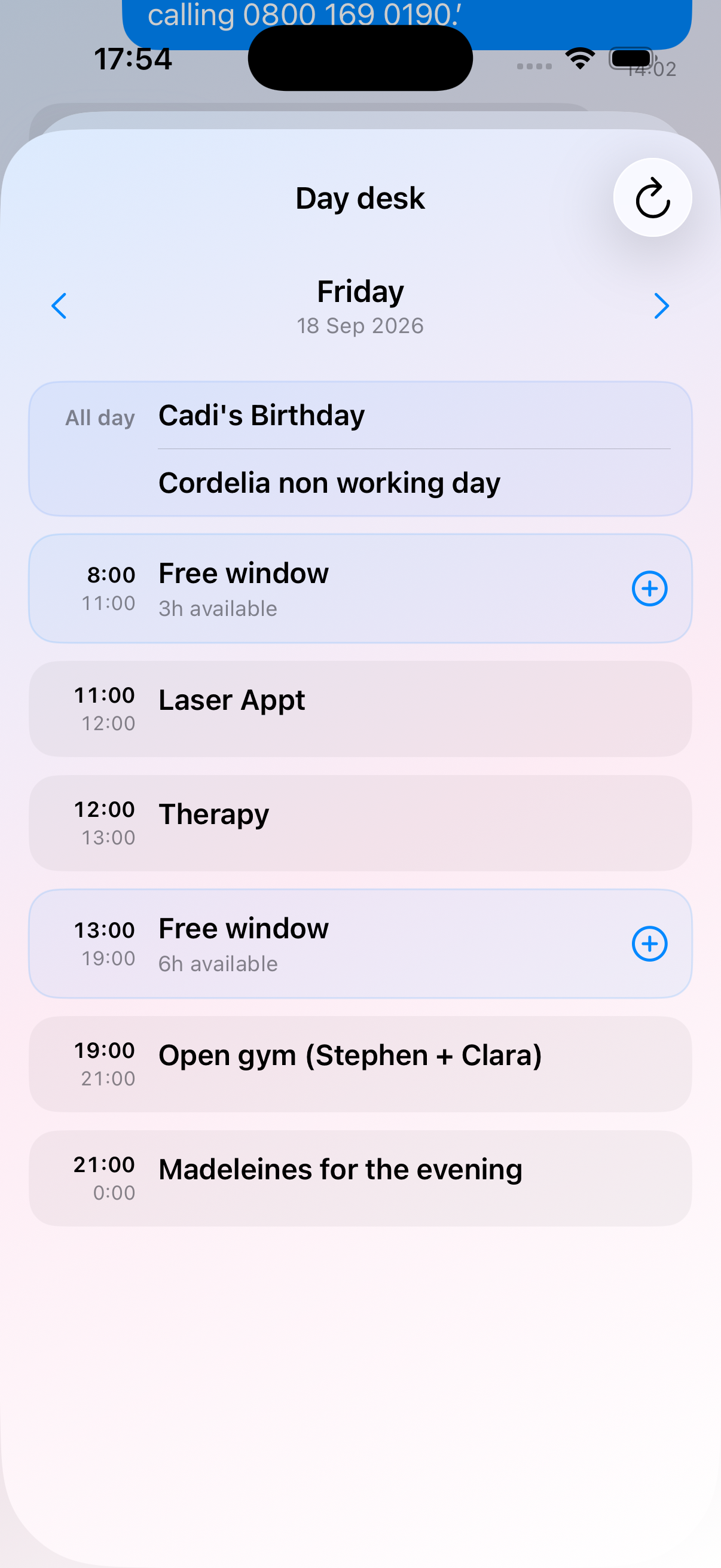 Padni Day Desk showing Friday’s appointments and the available time between them
