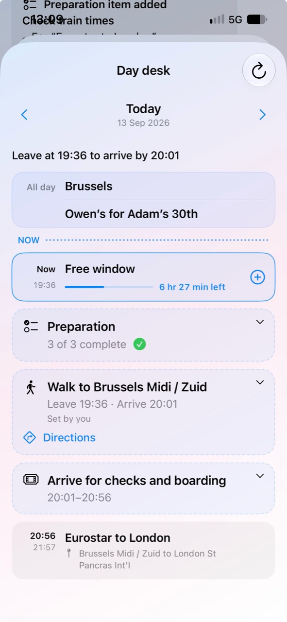 Padni Day Desk showing completed preparation, when to leave, walking directions to Brussels Midi, boarding time and the Eurostar journey
