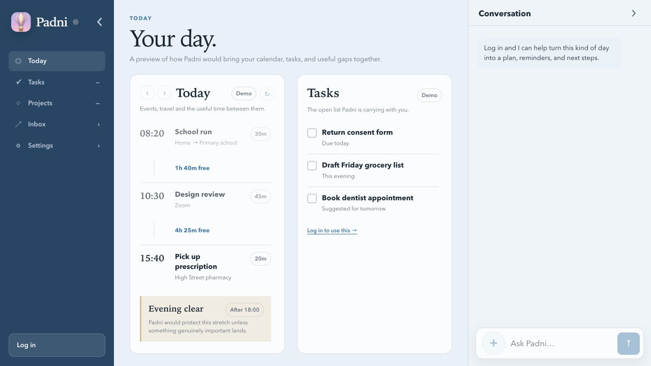 Actual Padni web demo: navy navigation, today’s calendar, tasks, and conversation side by side